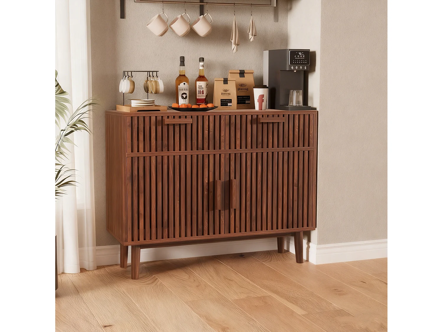 Dressoir met latten, 4 deuren en 2 lades, gemaakt van MDF en metaal - 100B x 80H x 35D cm - Walnootkleur