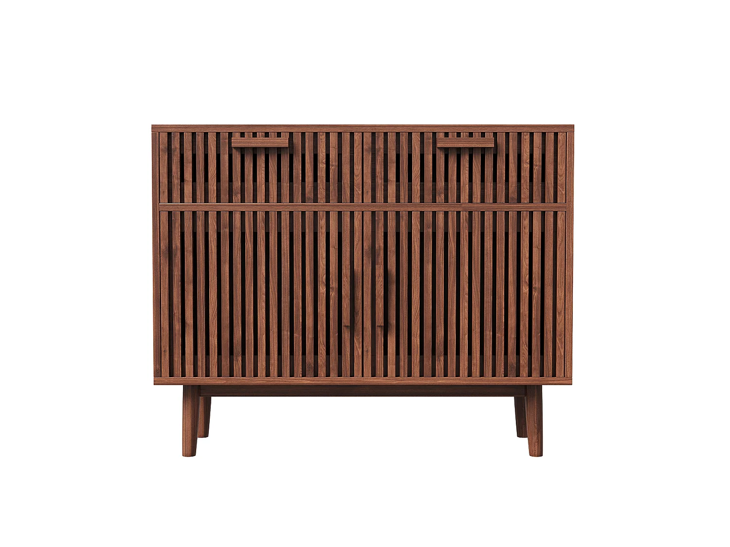 Dressoir met latten, 4 deuren en 2 lades, gemaakt van MDF en metaal - 100B x 80H x 35D cm - Walnootkleur