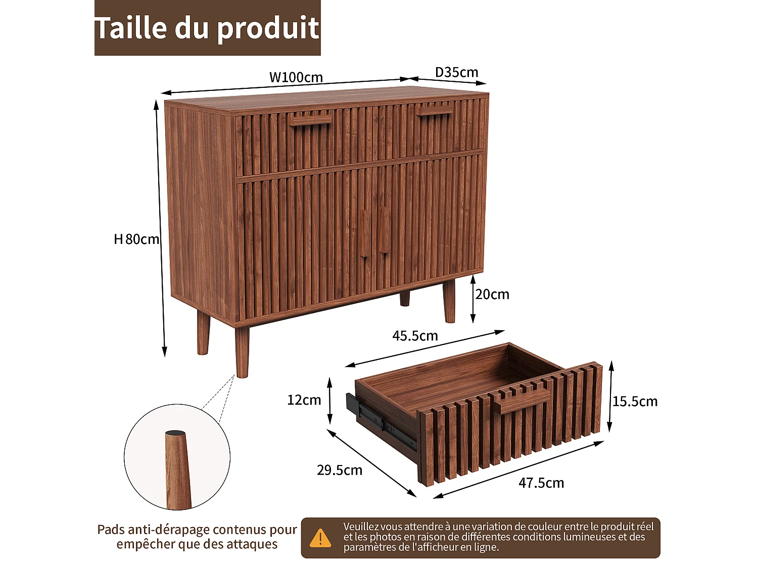 Dressoir met latten, 4 deuren en 2 lades, gemaakt van MDF en metaal - 100B x 80H x 35D cm - Walnootkleur