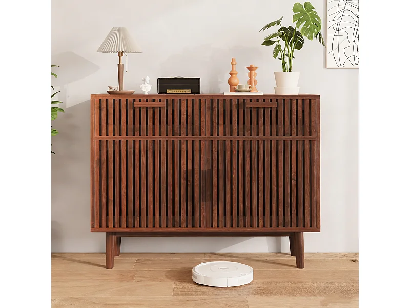 Buffet à lattes avec 4 portes 2 tiroir en MDF et métal - 100Lx80Hx35P cm - Couleur bois de noyer