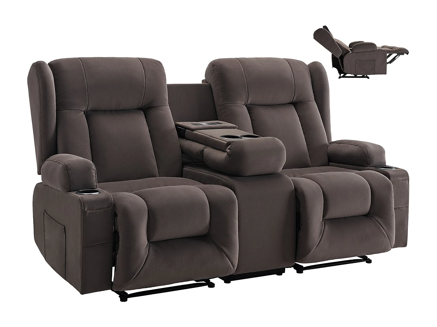 Sofá Reclinable Eléctrico SucceBuy 2 Plazas, Sofá Reclinable con Calefacción, Masaje y Consola Central, en Ante, con Puertos USB, Portavasos