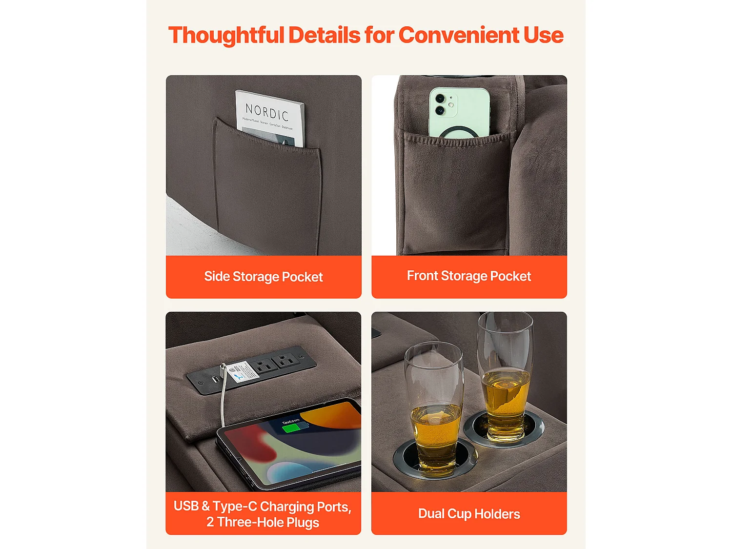 Sofá Reclinable Eléctrico SucceBuy 2 Plazas, Sofá Reclinable con Calefacción, Masaje y Consola Central, en Ante, con Puertos USB, Portavasos