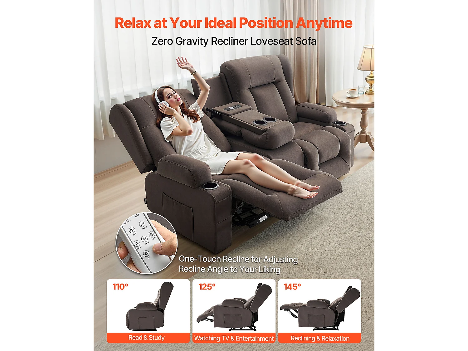 Sofá Reclinable Eléctrico SucceBuy 2 Plazas, Sofá Reclinable con Calefacción, Masaje y Consola Central, en Ante, con Puertos USB, Portavasos