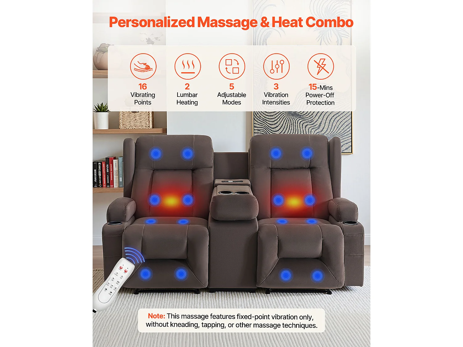 Sofá Reclinable Eléctrico SucceBuy 2 Plazas, Sofá Reclinable con Calefacción, Masaje y Consola Central, en Ante, con Puertos USB, Portavasos