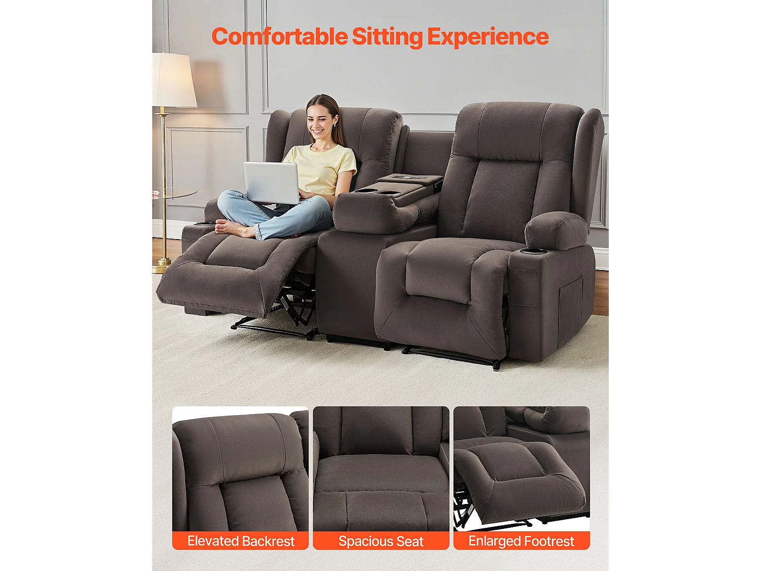 Sofá Reclinable Eléctrico SucceBuy 2 Plazas, Sofá Reclinable con Calefacción, Masaje y Consola Central, en Ante, con Puertos USB, Portavasos