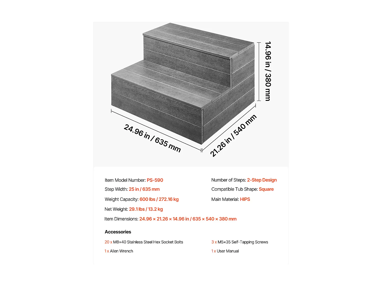 Escalier de Spa SucceBuy à 2 Marches, Marchepied de Piscine Hors Sol/Gonflable Robuste, 63.5 cm de Large, Capacité de Charge de 272,16 kg, Marche Extérieure