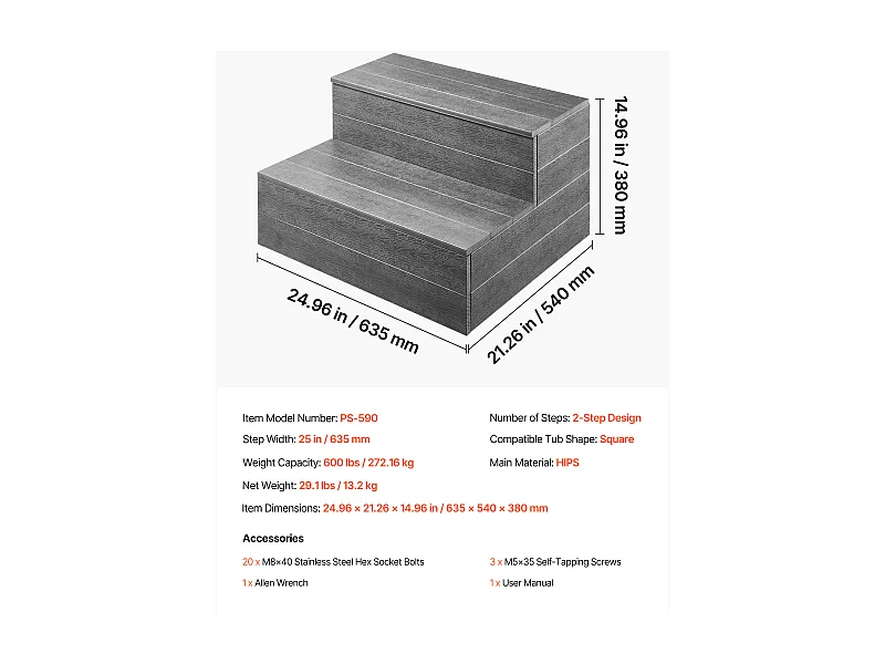Escalier de Spa SucceBuy à 2 Marches, Marchepied de Piscine Hors Sol/Gonflable Robuste, 63.5 cm de Large, Capacité de Charge de 272,16 kg, Marche Extérieure