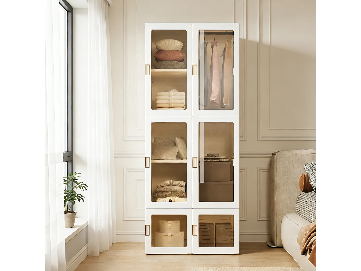 Armoire de rangement portable, Armoire pliante portable en PP, 170 x 69 x 50 cm, 8 compartiments et 6 portes, facile à monter, blanc