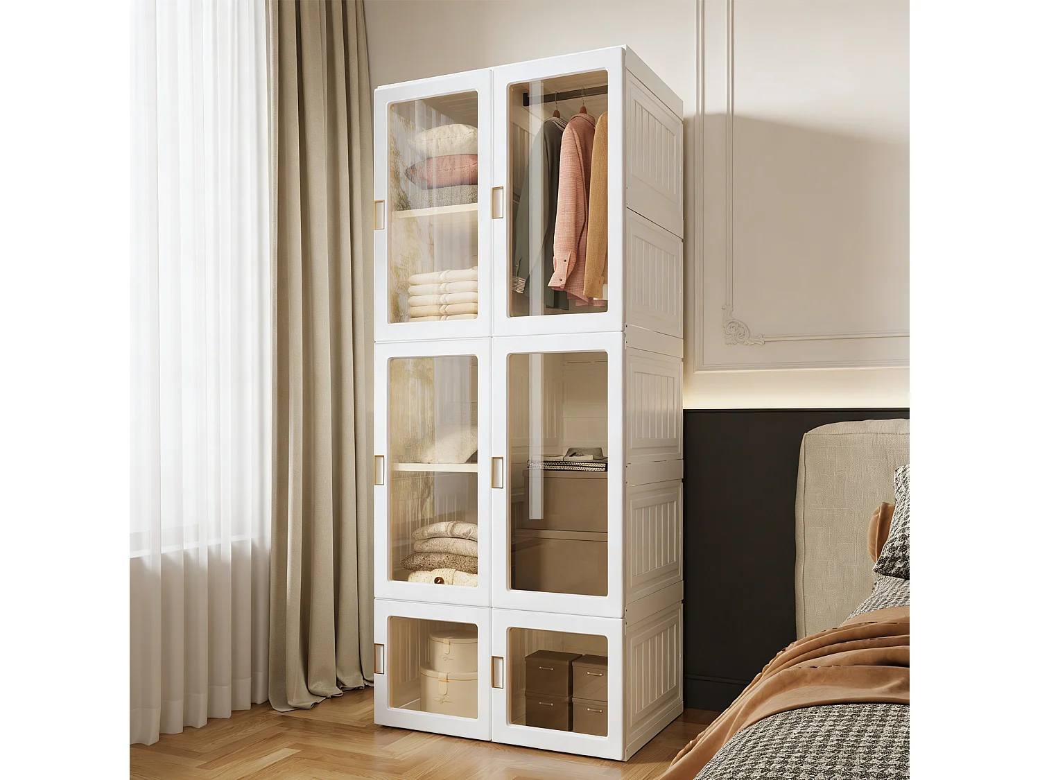 Armoire de rangement portable, Armoire pliante portable en PP, 170 x 69 x 50 cm, 8 compartiments et 6 portes, facile à monter, blanc
