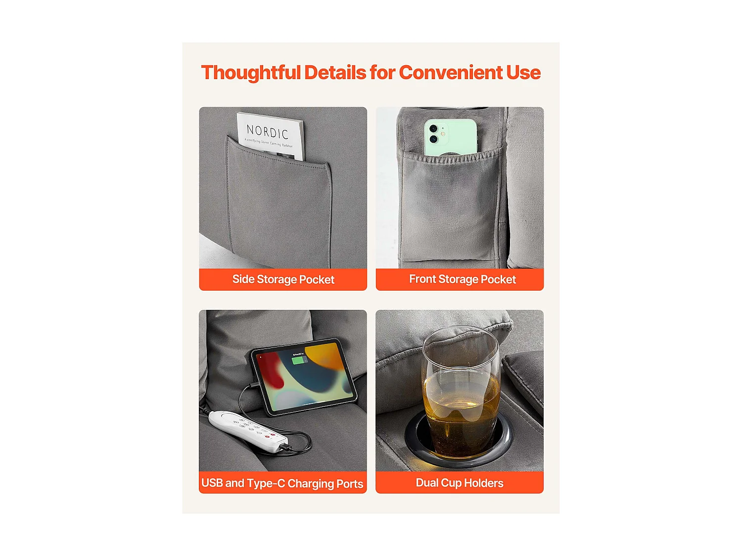 Sofá Reclinable Eléctrico SucceBuy 2 Plazas, Sofá Reclinable con Calefacción y Masaje, en Terciopelo Suave, con Puertos USB, Portavasos y Bolsillos Laterales