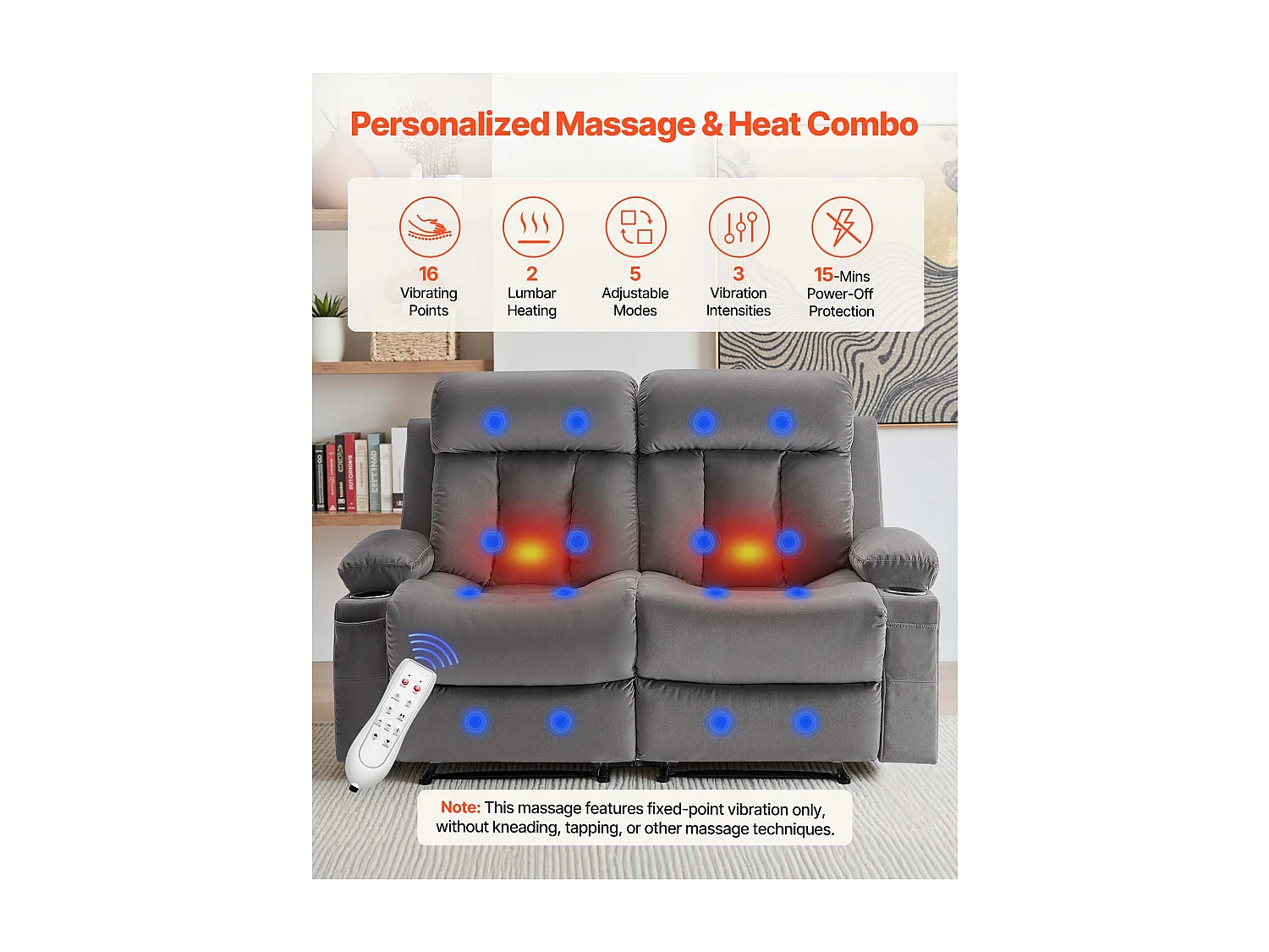 Sofá Reclinable Eléctrico SucceBuy 2 Plazas, Sofá Reclinable con Calefacción y Masaje, en Terciopelo Suave, con Puertos USB, Portavasos y Bolsillos Laterales