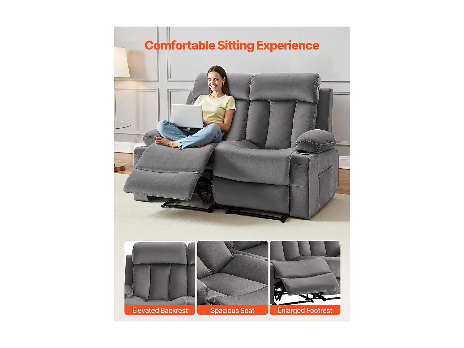 Sofá Reclinable Eléctrico SucceBuy 2 Plazas, Sofá Reclinable con Calefacción y Masaje, en Terciopelo Suave, con Puertos USB, Portavasos y Bolsillos Laterales