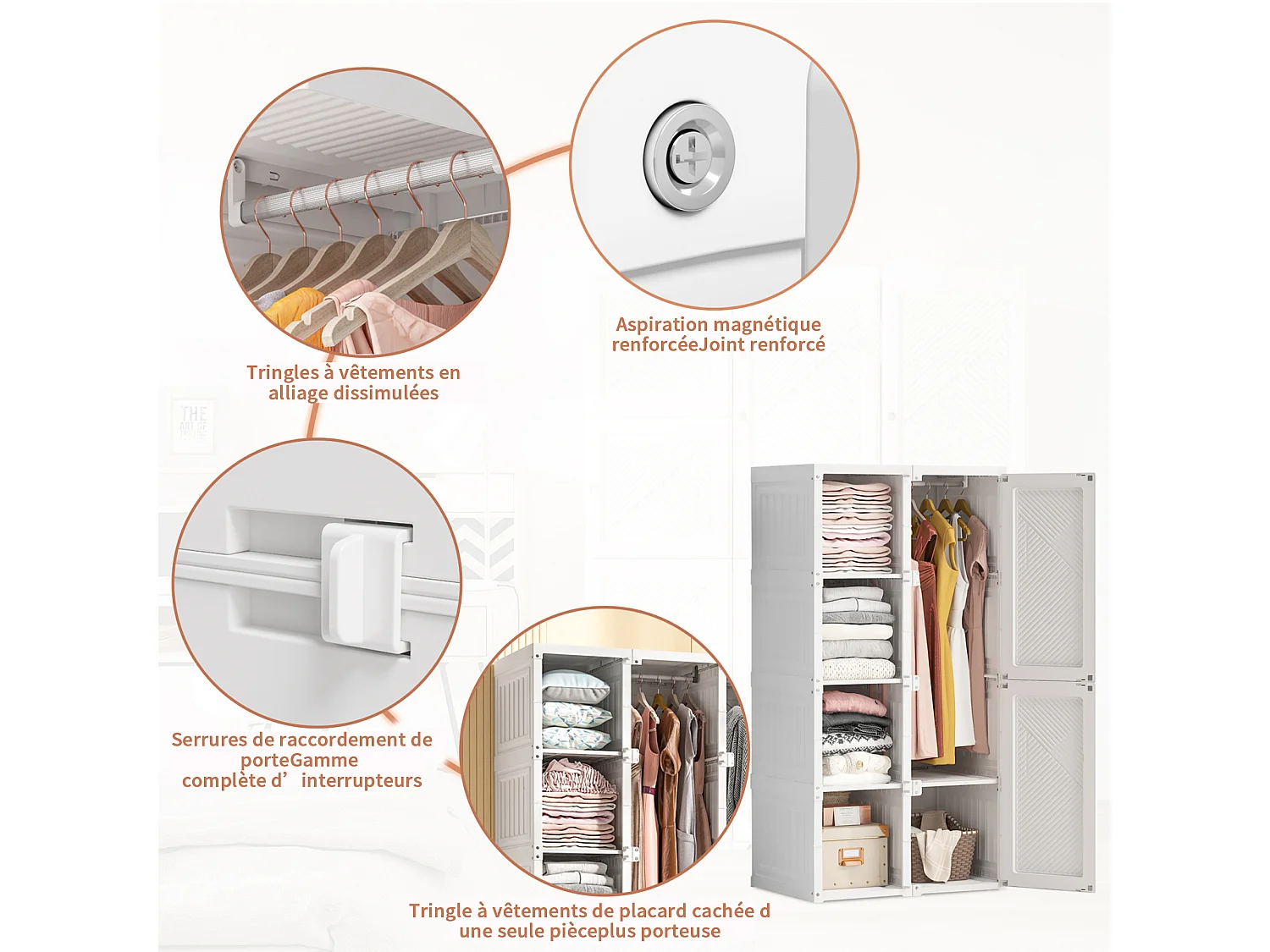 Armoire portable  résistante à l'humidité, Armoire pliante de rangement, Porte magnétique, organisateur de placard, 136x50x69 cm blanc