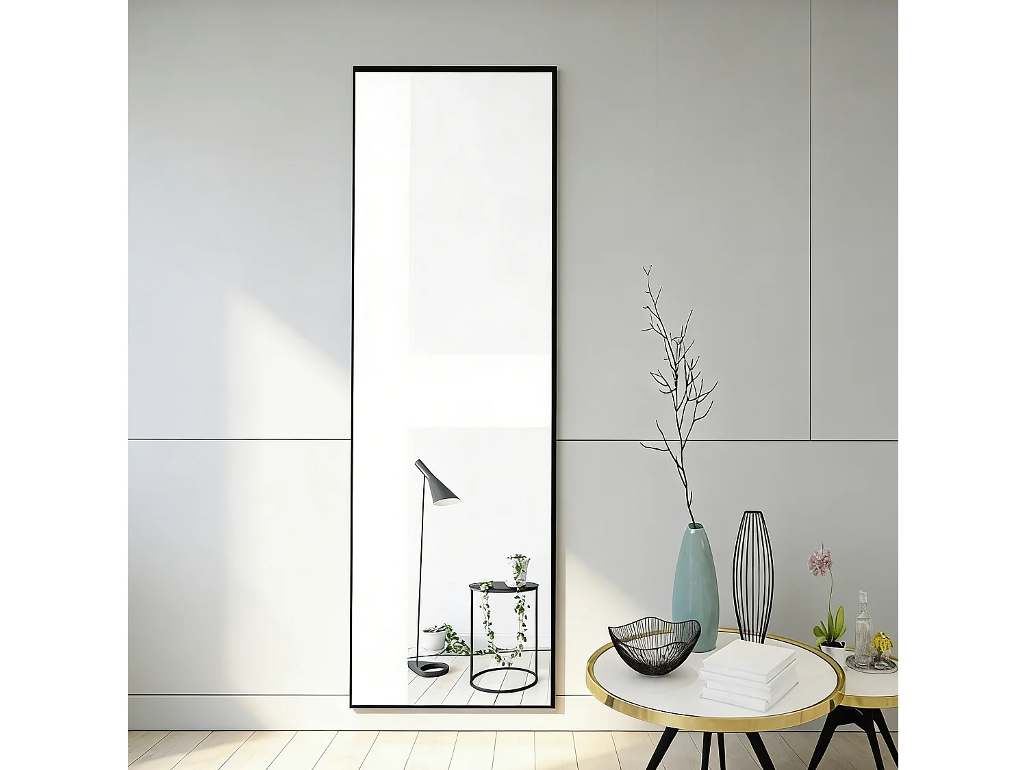 Miroir sur pied et mural - Rectangulaire Pleine Longueur - verre trempé anti-explosion - 40L x 150H cm - alliage d'aluminium - noir