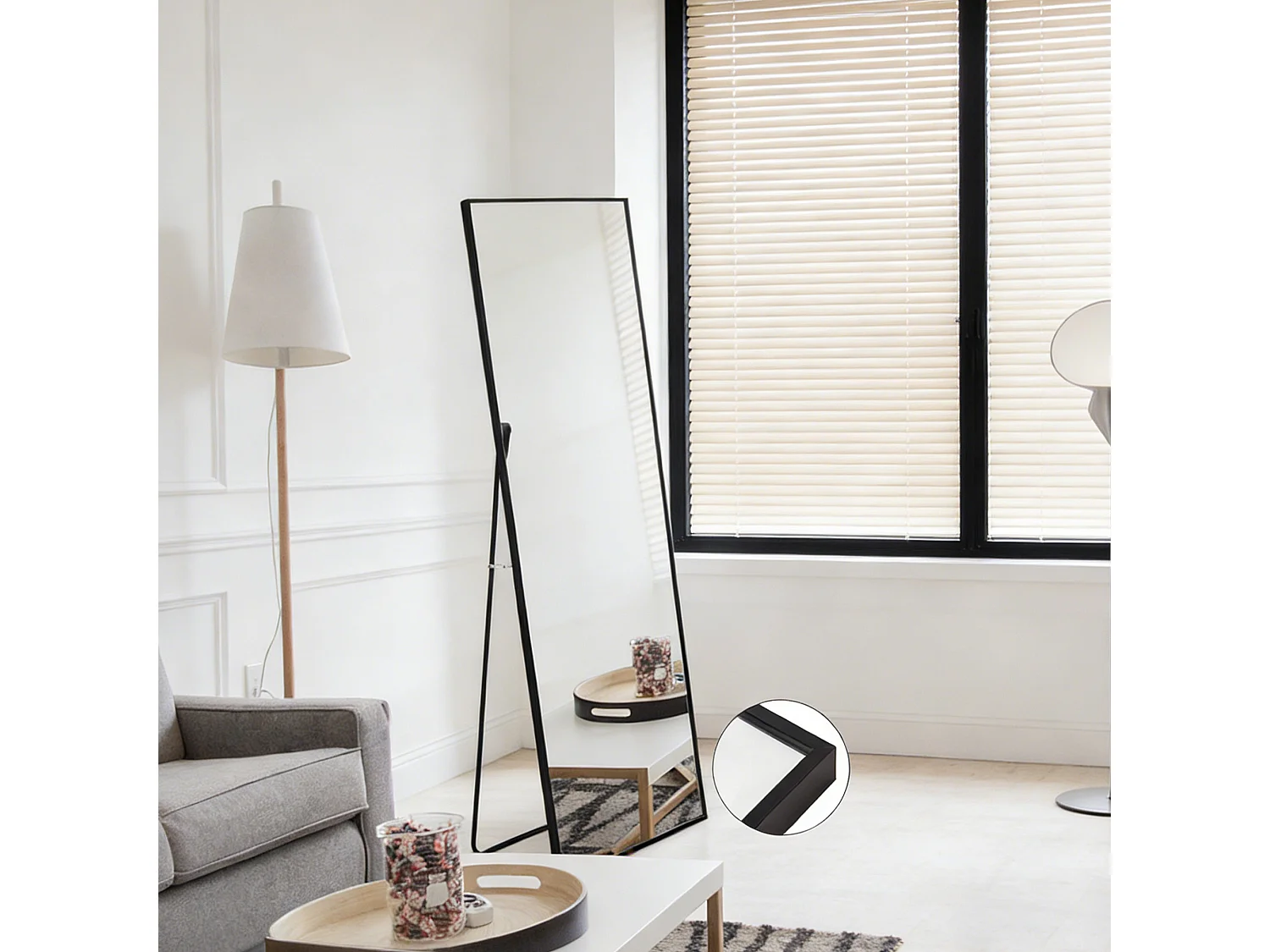 Miroir sur pied et mural - Rectangulaire Pleine Longueur - verre trempé anti-explosion - 40L x 150H cm - alliage d'aluminium - noir