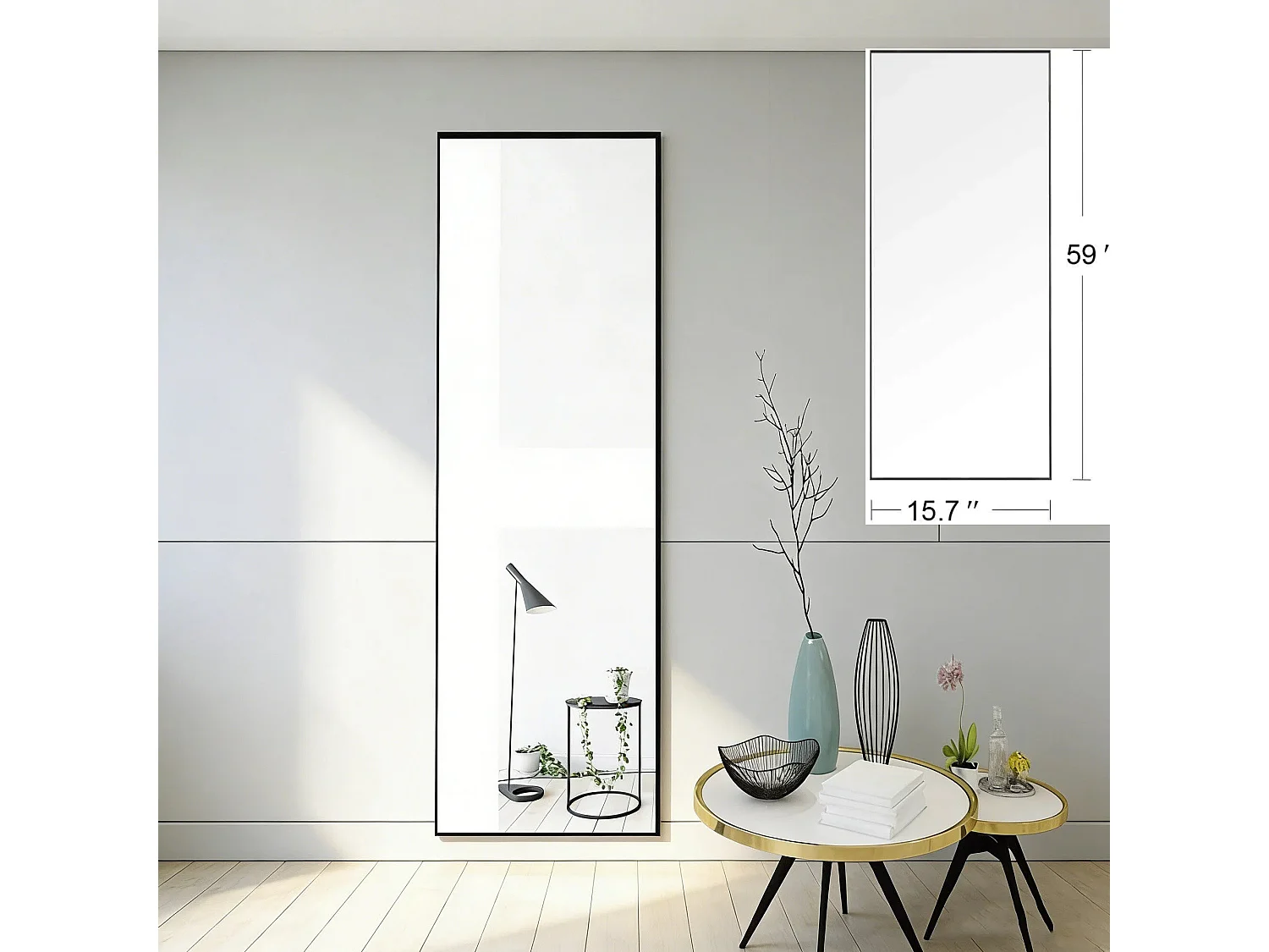 Miroir sur pied et mural - Rectangulaire Pleine Longueur - verre trempé anti-explosion - 40L x 150H cm - alliage d'aluminium - noir