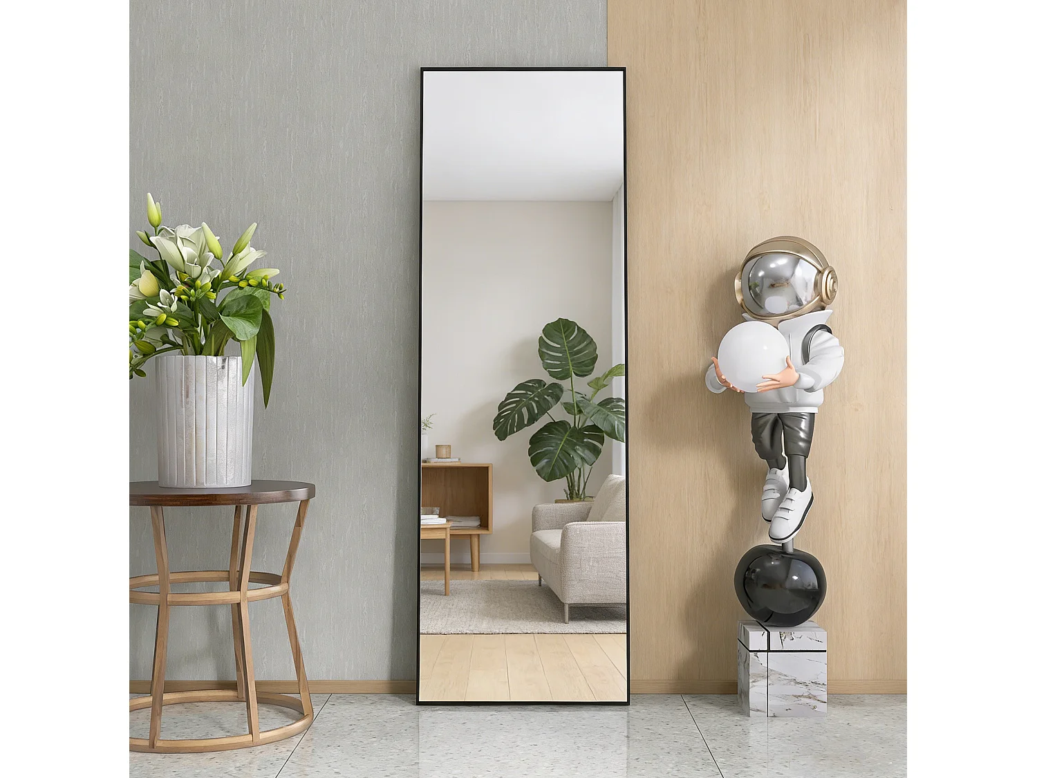 Miroir sur pied et mural rectangulaire - miroir corporel avec support - métal et verre trempé - 165x60 cm - noir