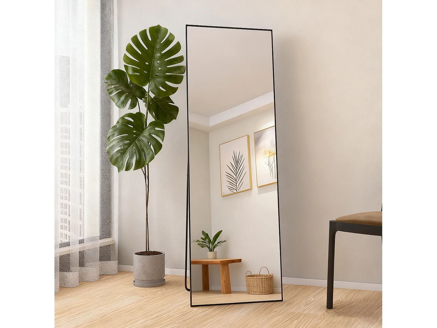 Miroir sur pied et mural rectangulaire - miroir corporel avec support - métal et verre trempé - 165x60 cm - noir