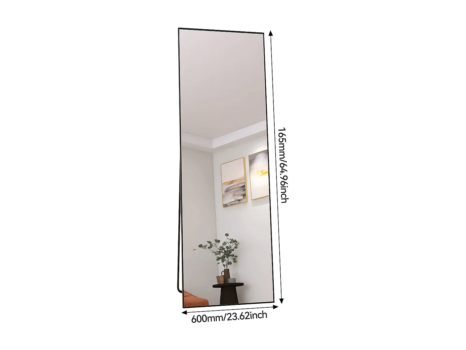 Miroir sur pied et mural rectangulaire - miroir corporel avec support - métal et verre trempé - 165x60 cm - noir