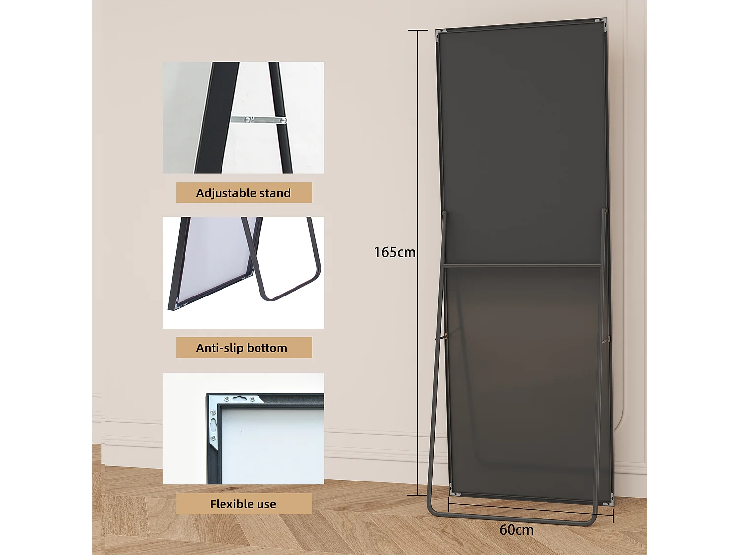 Miroir sur pied et mural rectangulaire - miroir corporel avec support - métal et verre trempé - 165x60 cm - noir