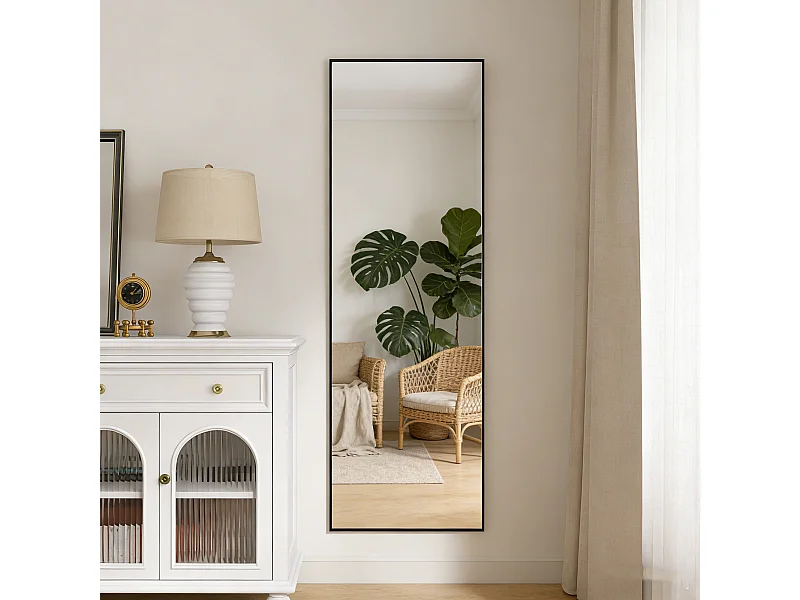 Miroir sur pied et mural rectangulaire - miroir corporel avec support - métal et verre trempé - 165x60 cm - noir