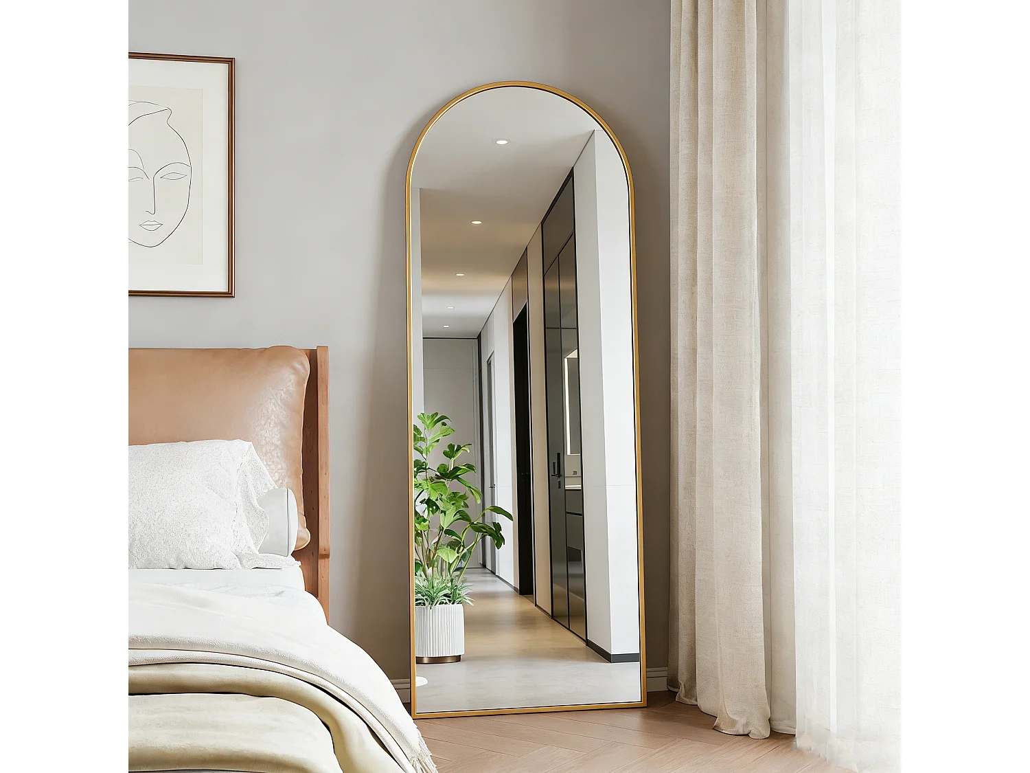 Miroir sur pied et mural arqué - miroir corporel avec support - métal et verre trempé - 162x53 cm - doré