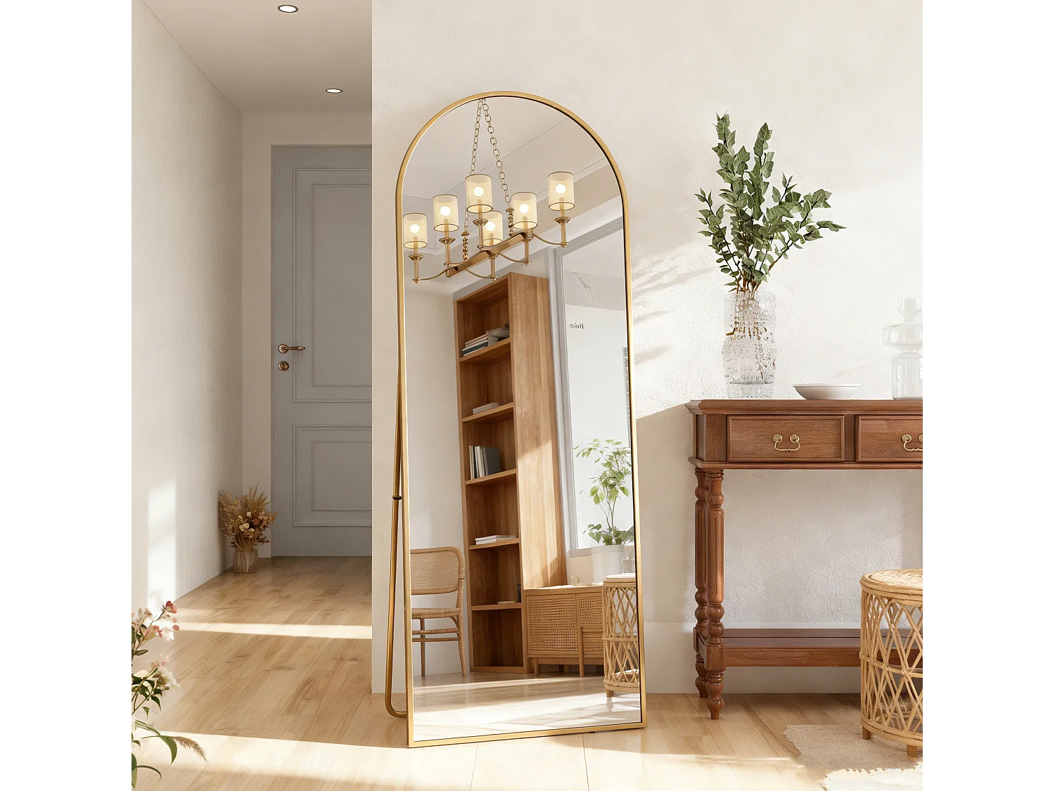 Miroir sur pied et mural arqué - miroir corporel avec support - métal et verre trempé - 162x53 cm - doré