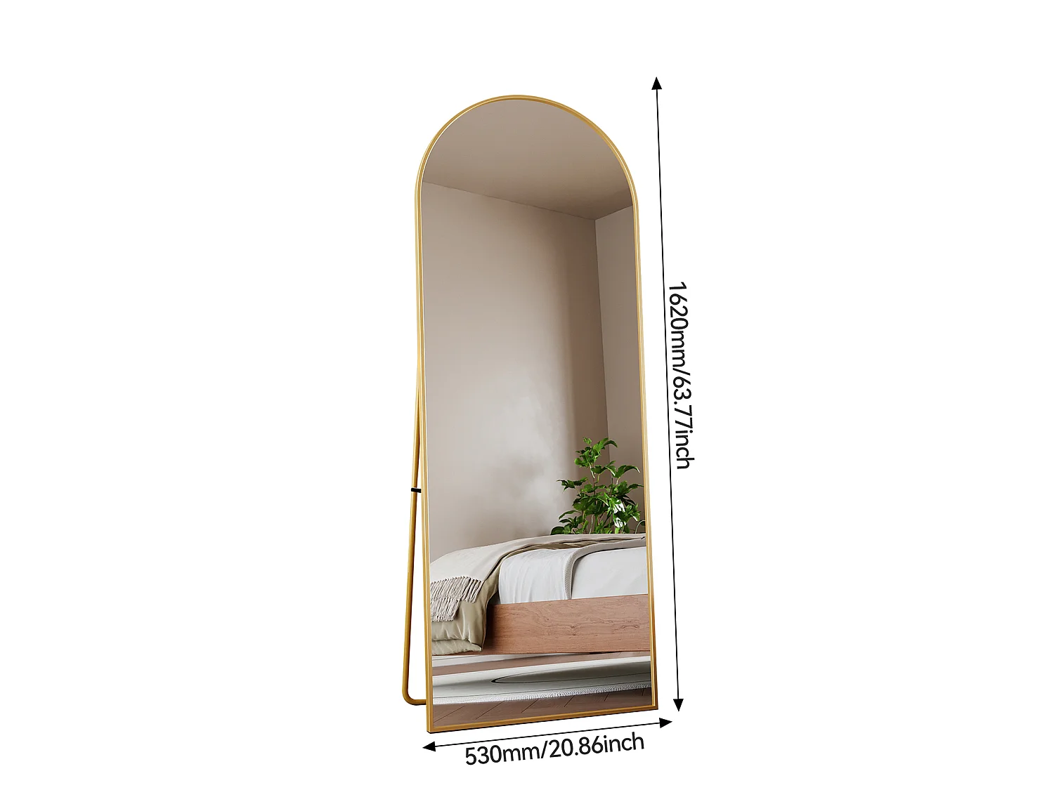Miroir sur pied - 162 x 53 cm - Cadre aluminium en forme d'arche - Doré