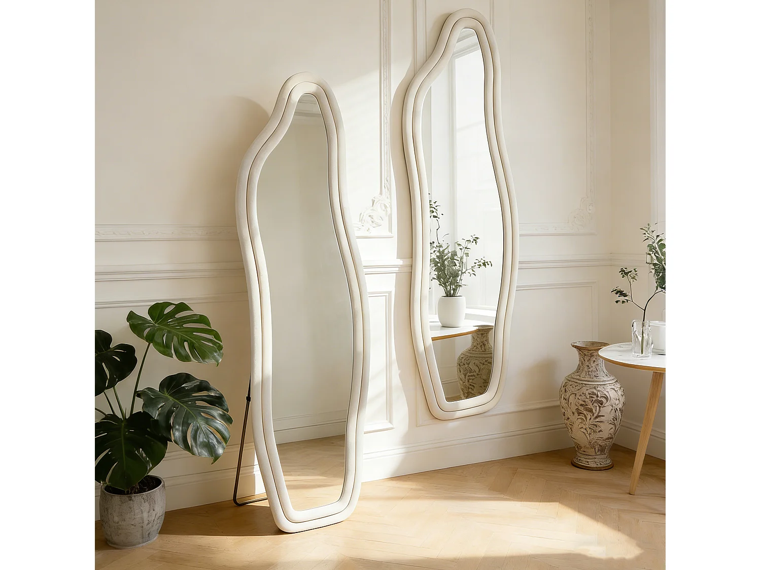 Miroir organique en tissu Velours de cristal, Miroir sur pied, monté au mur, Miroir debout à bord ondulé 140x45 cm, Verre trempé haute définition, blanc