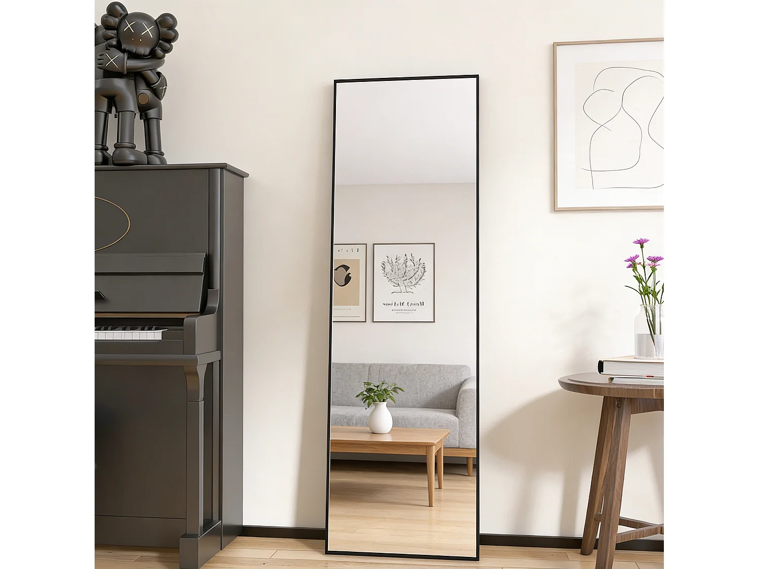 Miroir sur pied et mural rectangulaire - miroir corporel avec support - métal et verre trempé - 140x40 cm - noir