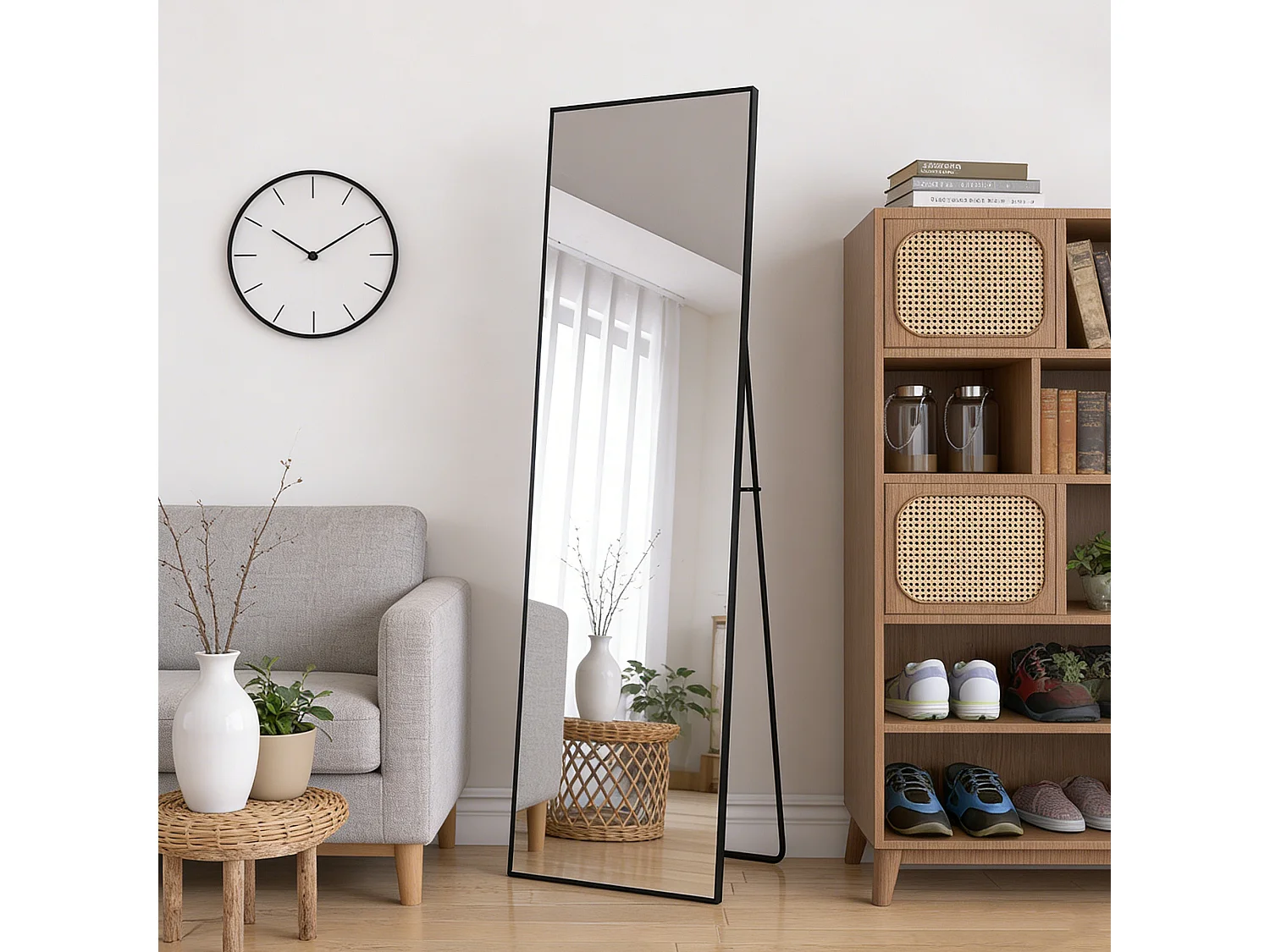 Miroir sur pied et mural rectangulaire - miroir corporel avec support - métal et verre trempé - 140x40 cm - noir