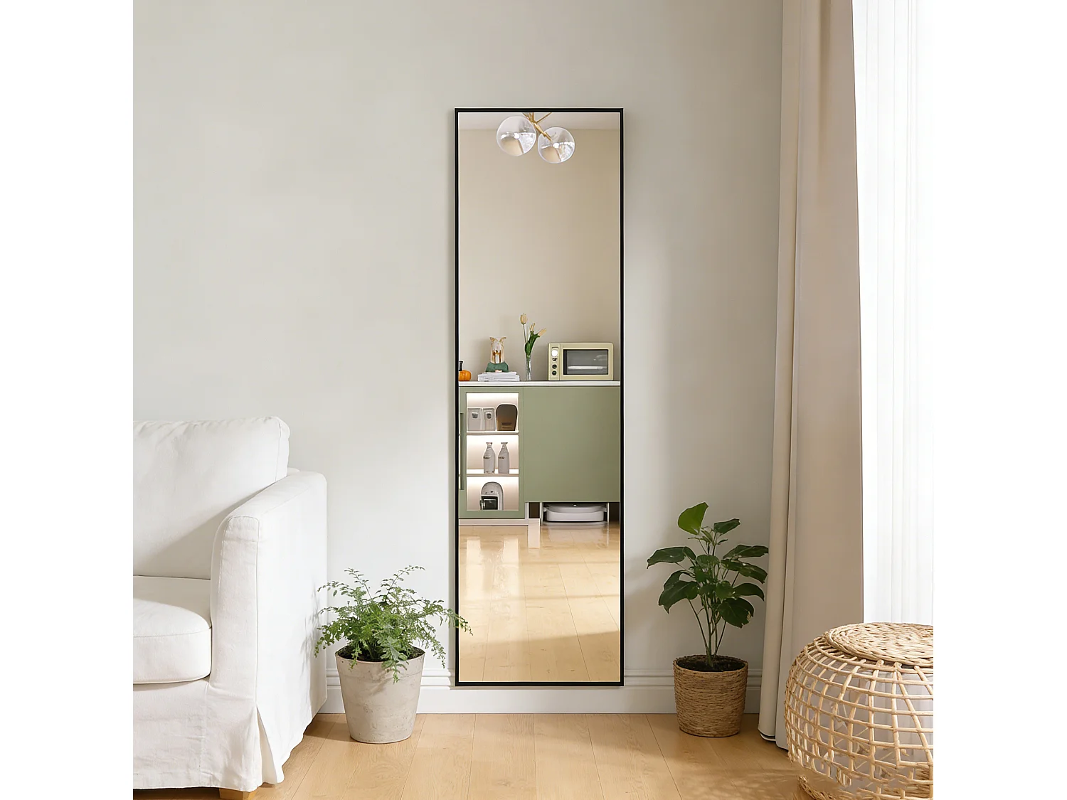 Miroir sur pied et mural rectangulaire - miroir corporel avec support - métal et verre trempé - 140x40 cm - noir