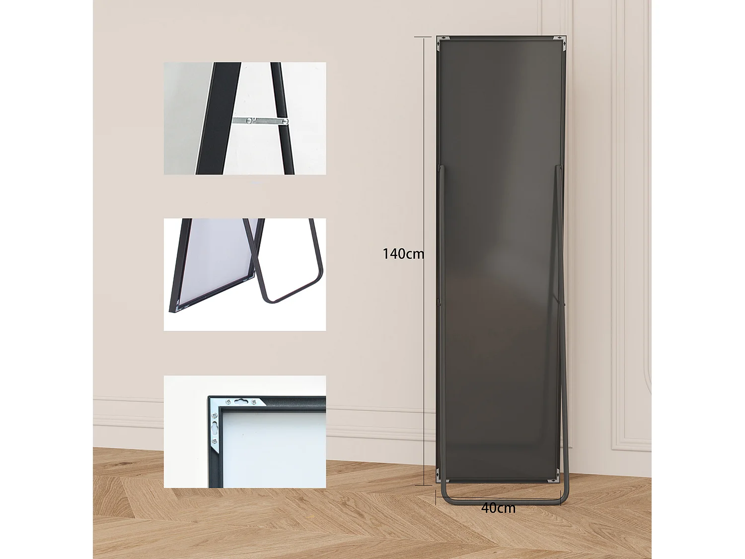 Miroir sur pied et mural rectangulaire - miroir corporel avec support - métal et verre trempé - 140x40 cm - noir