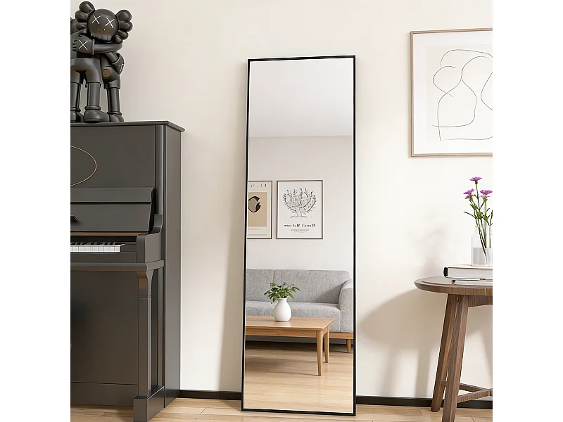 Miroir sur pied et mural rectangulaire - miroir corporel avec support - métal et verre trempé - 140x40 cm - noir