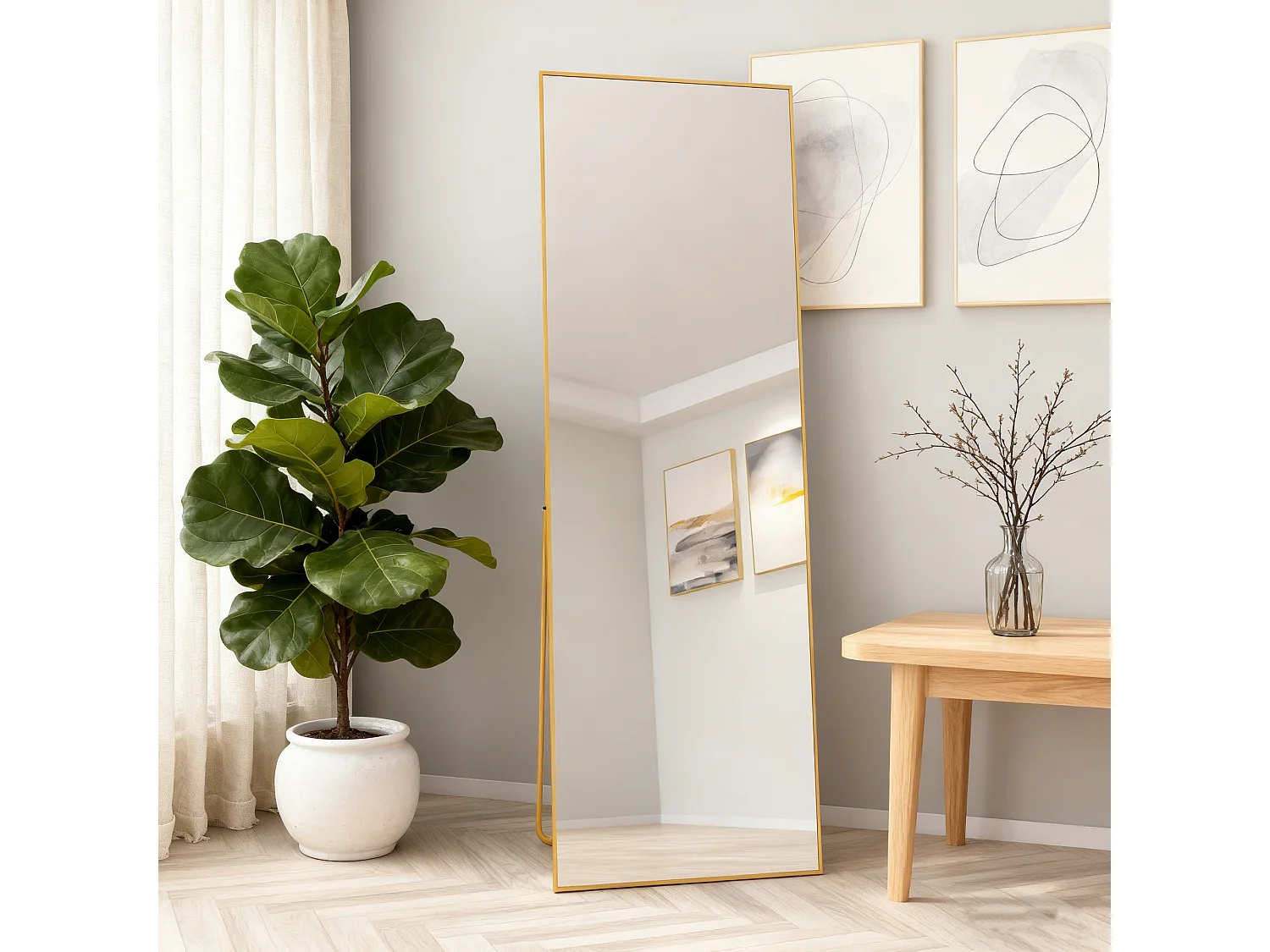 Miroir sur pied et mural rectangulaire - miroir corporel avec support - métal et verre trempé - 162x53 cm - doré