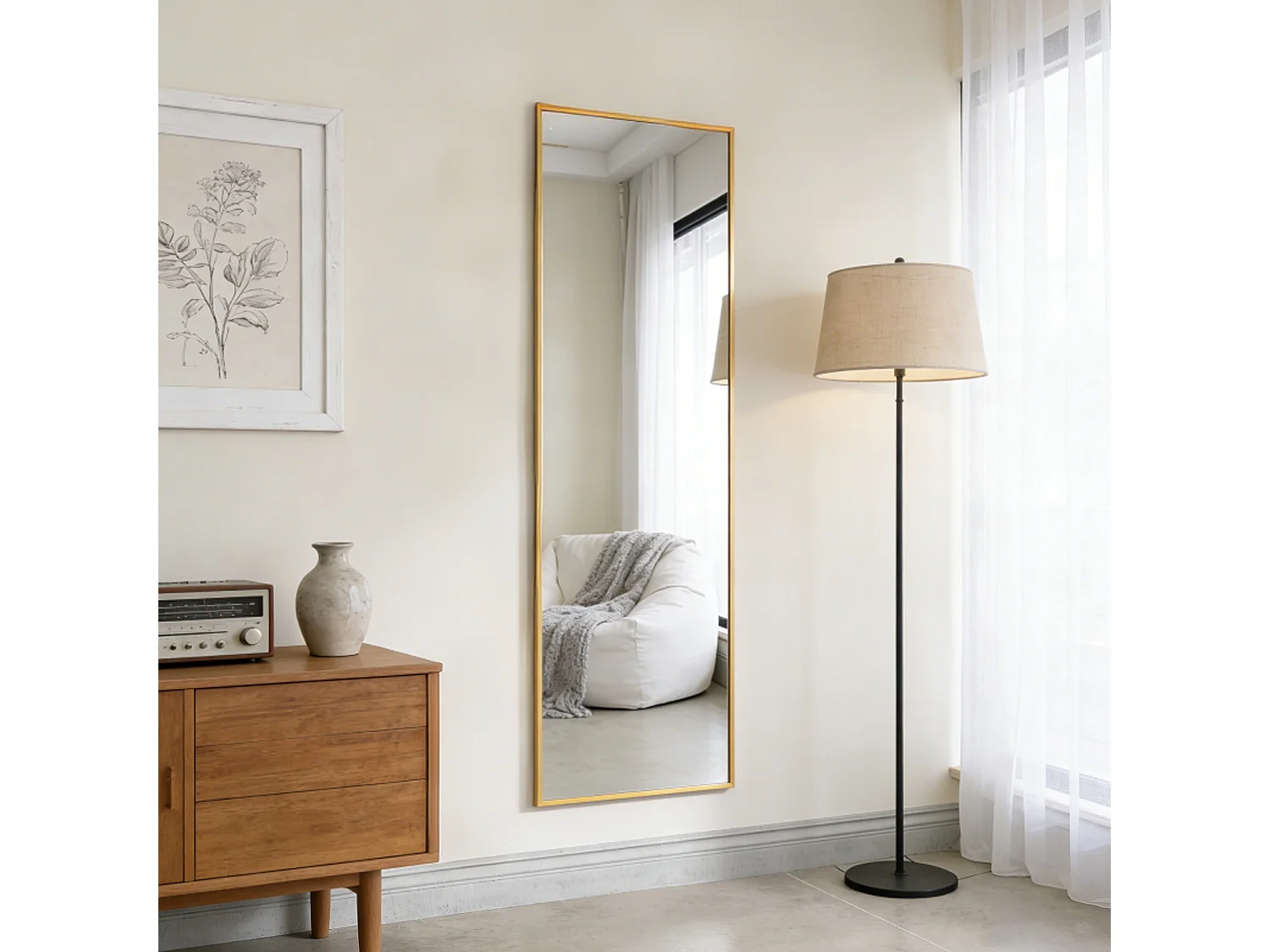 Miroir sur pied 162 x 53 cm - miroir autoportant, à accrocher ou à poser contre un mur - grand miroir sur pied - or