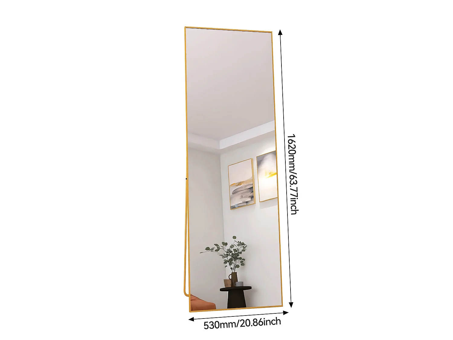 Miroir sur pied 162 x 53 cm - miroir autoportant, à accrocher ou à poser contre un mur - grand miroir sur pied - or