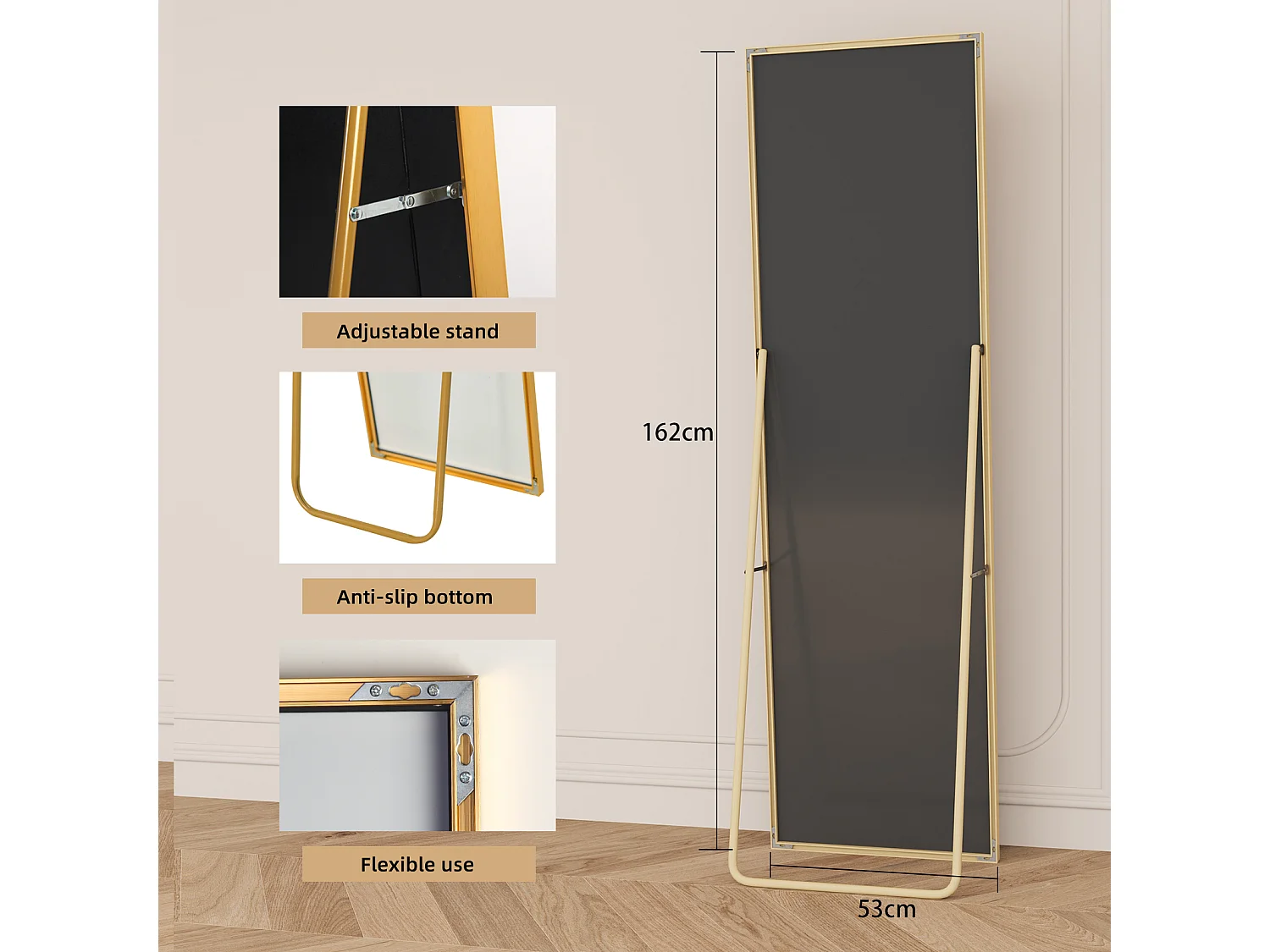 Miroir sur pied 162 x 53 cm - miroir autoportant, à accrocher ou à poser contre un mur - grand miroir sur pied - or