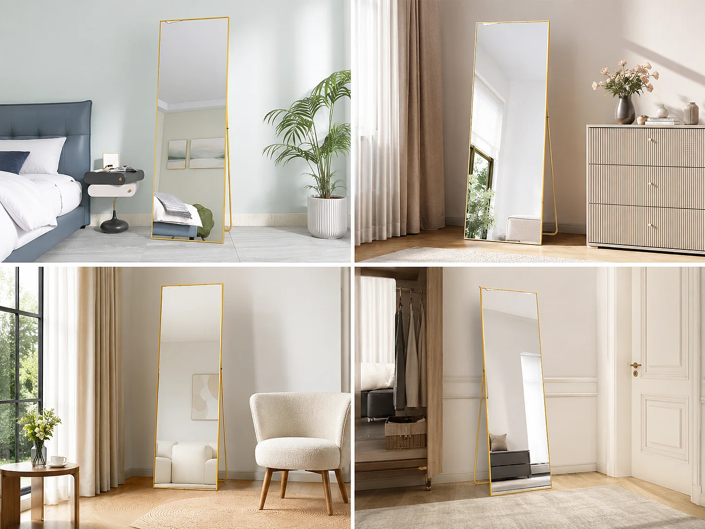 Miroir sur pied 162 x 53 cm - miroir autoportant, à accrocher ou à poser contre un mur - grand miroir sur pied - or