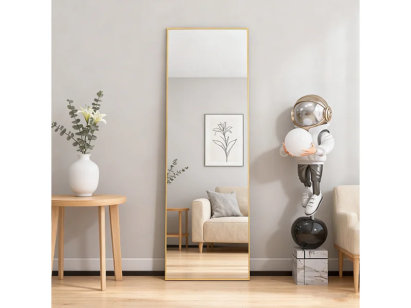 Miroir sur pied et mural rectangulaire - miroir corporel avec support - métal et verre trempé - 162x53 cm - doré