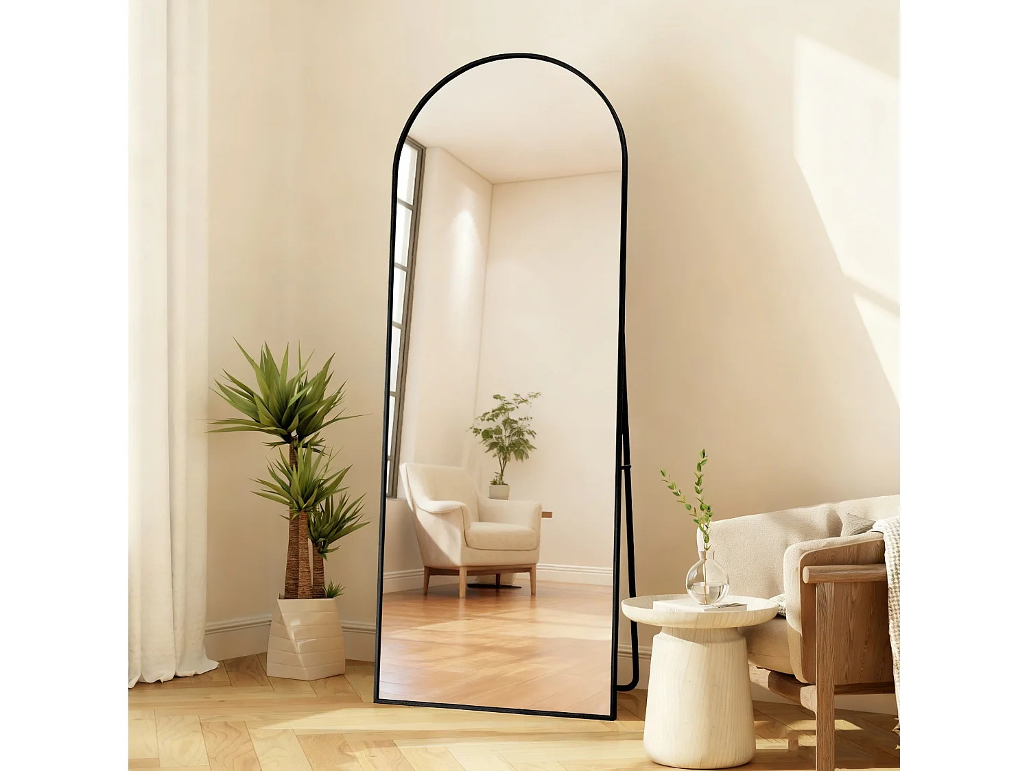 Volledige gebogen spiegel, 164x54 cm, vrijstaande wandspiegel, U-vormige beugel, gehard glas met hoge definitie, zwart