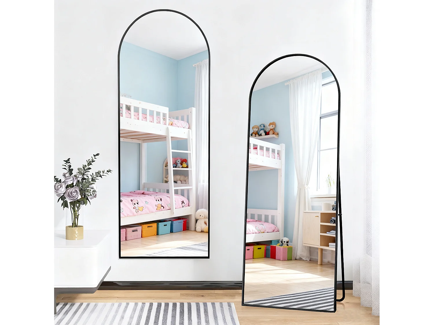 Volledige gebogen spiegel, 164x54 cm, vrijstaande wandspiegel, U-vormige beugel, gehard glas met hoge definitie, zwart