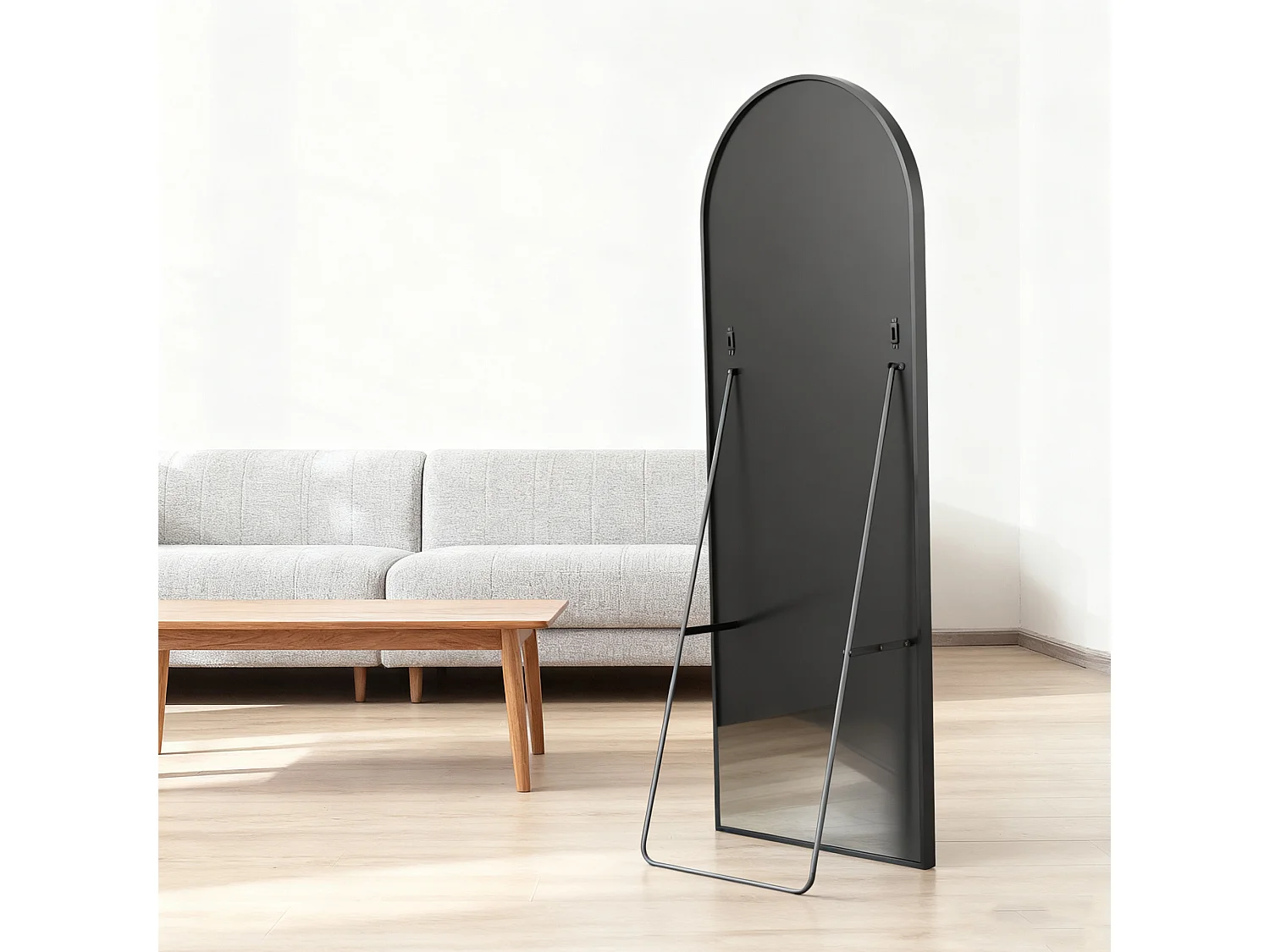 Volledige gebogen spiegel, 164x54 cm, vrijstaande wandspiegel, U-vormige beugel, gehard glas met hoge definitie, zwart