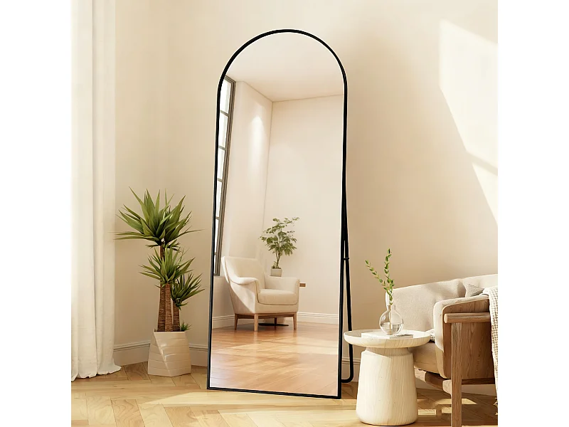 Miroir arqué pleine longueur, 164x54 cm, Miroir sur pied, monté au mur, support en forme de U, Verre trempé haute définition, noir