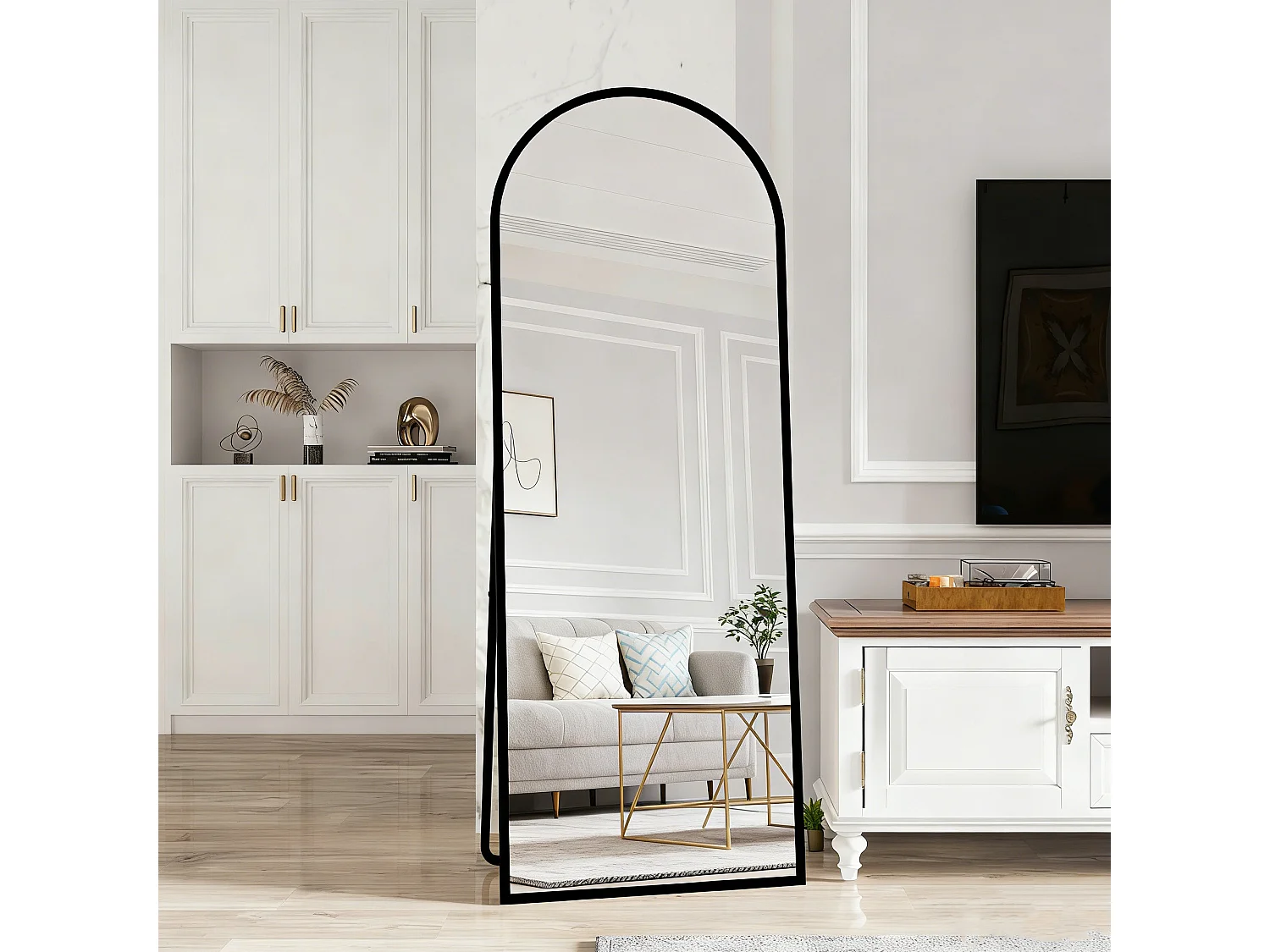 Miroir sur pied et mural arqué - miroir corporel avec support - métal et verre trempé - 162x53 cm - nori