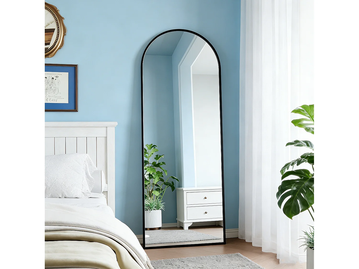 Miroir sur pied et mural arqué - miroir corporel avec support - métal et verre trempé - 162x53 cm - nori