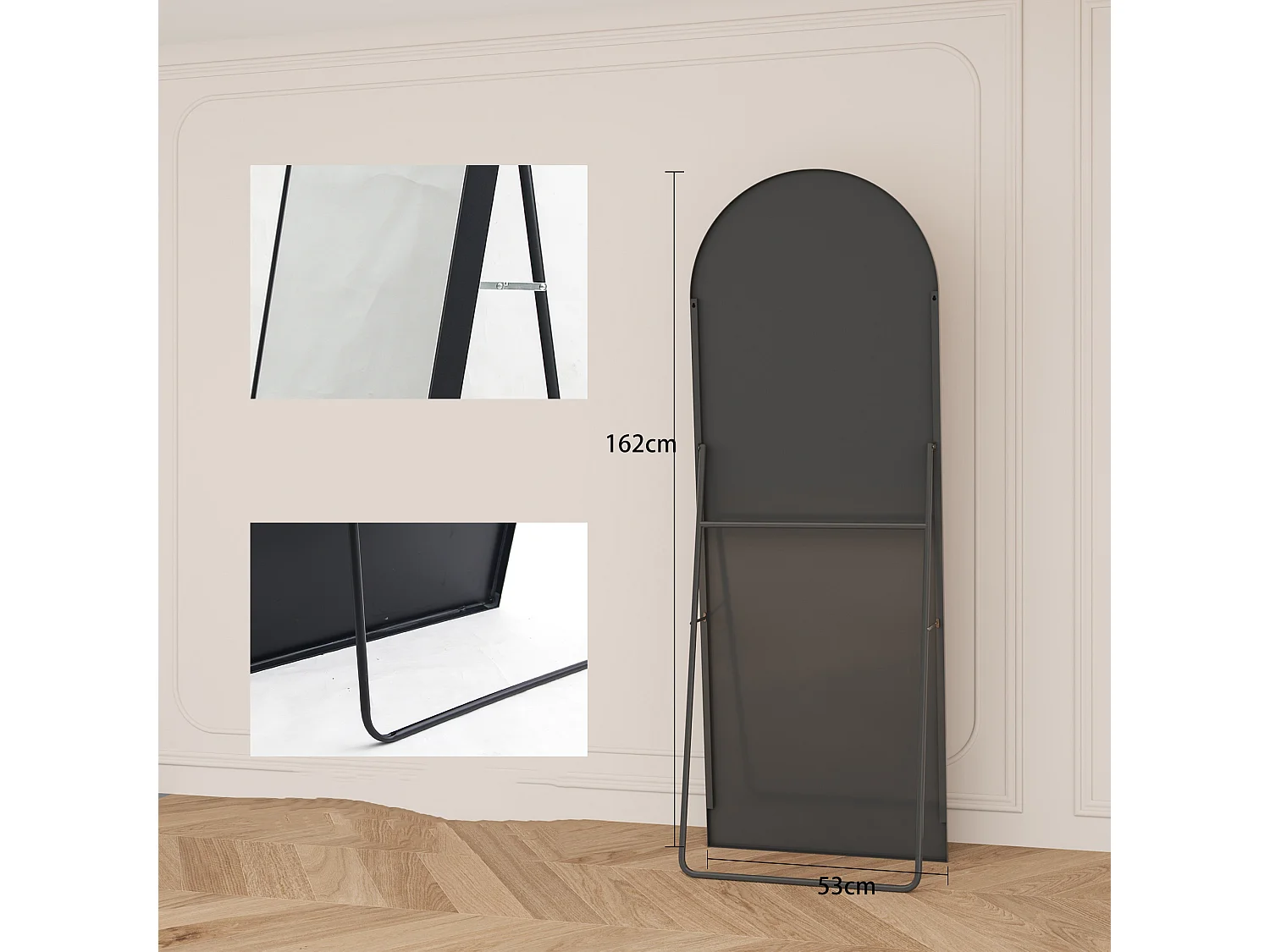 Miroir sur pied et mural arqué - miroir corporel avec support - métal et verre trempé - 162x53 cm - nori