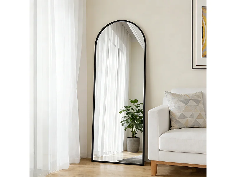 Miroir sur pied et mural arqué - miroir corporel avec support - métal et verre trempé - 162x53 cm - nori