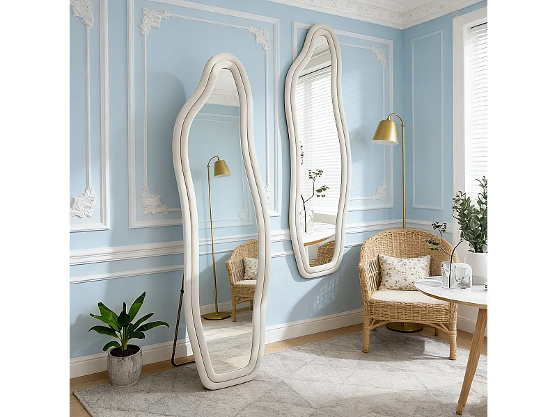 Miroir organique en tissu Velours de cristal, Miroir sur pied, monté au mur, grand miroir debout 160x50 cm, Verre trempé haute définition, Blanc