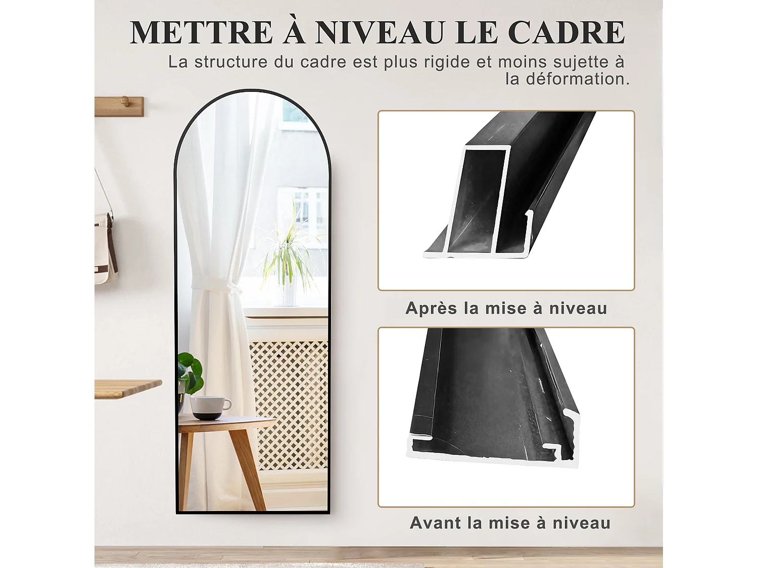 Miroir arqué pleine longueur, 173x63 cm, Miroir sur pied, monté au mur, support en forme de U, Verre trempé haute définition, noir